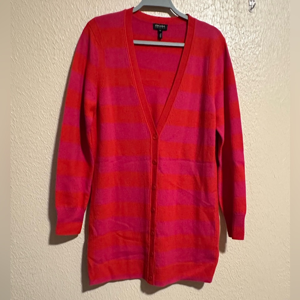 Escada Sport Cardigan Sweater Striped Size L Virgin Wool Cashmere Blend